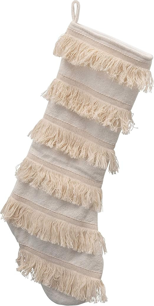 Creative Co-Op Cotton Christmas Fringe Stocking, Cream | Amazon (US)