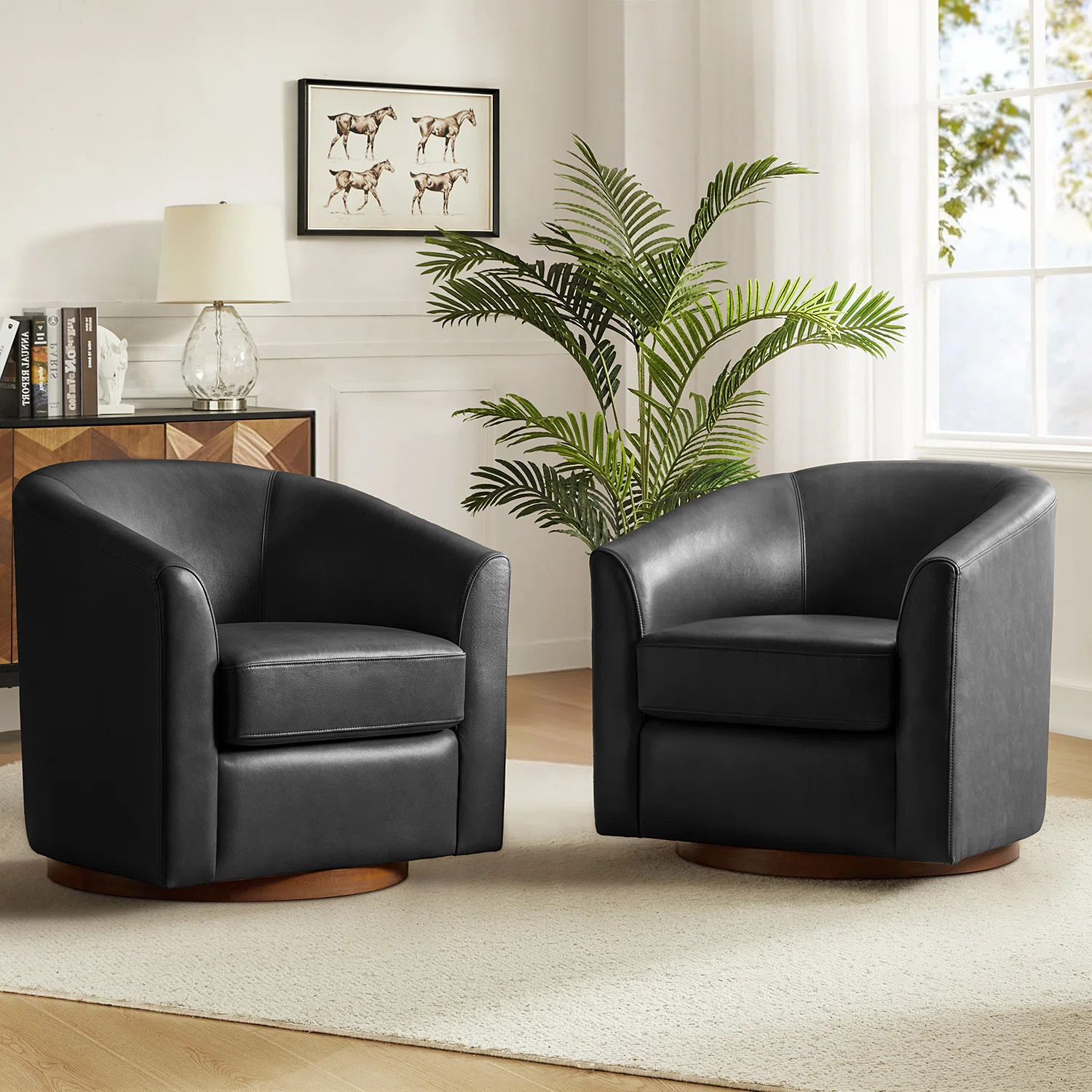 Amiir Modern 30.5'' Wide Genuine Leather Swivel Barrel Chair with Solid Wood Base (Set of 2) | Wayfair North America