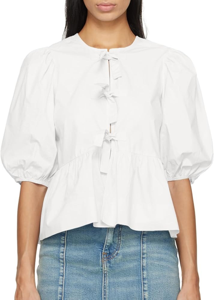 Tankaneo Womens Tie Front Tops Summer Peplum Babydoll Puff Short Sleeve Blouse Cute Cotton Shirts | Amazon (US)