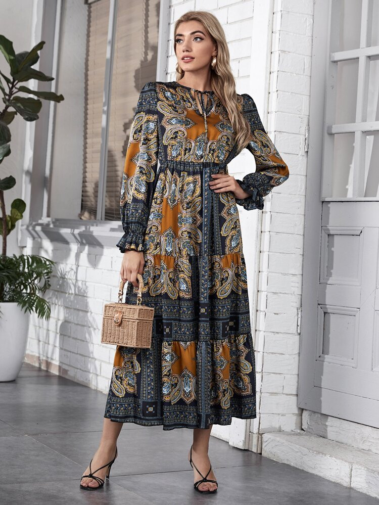 Paisley Print Tie Neck Dress | SHEIN