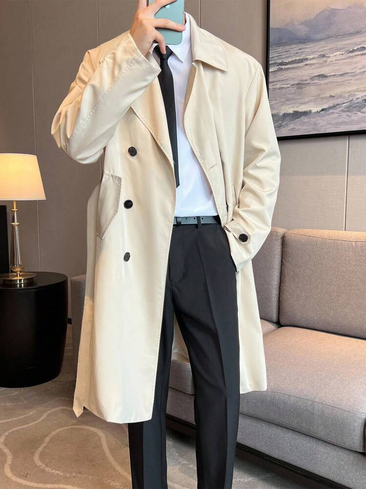 Claim Dot Men's Solid Lapel Collar Long Sleeve Double-Breasted Casual Trench Coat, Beige, A Great Gift For Your Boyfriend, Men Korean Style, European Style, Old Money , Fall | SHEIN