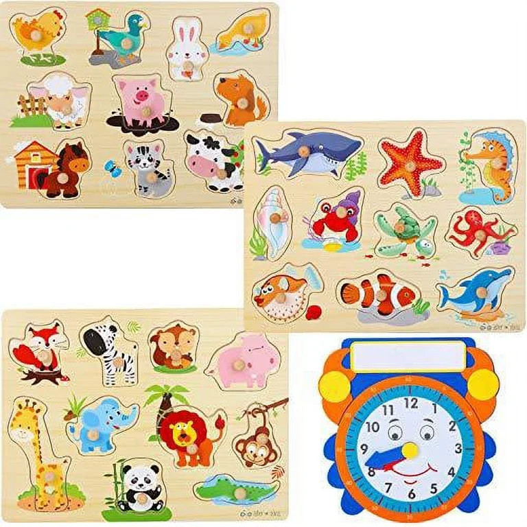 Wooden Peg Puzzles for Toddlers and Babies ‚Äì (Pack of 3 with Learning Clock) Animal Chunky ... | Walmart (US)