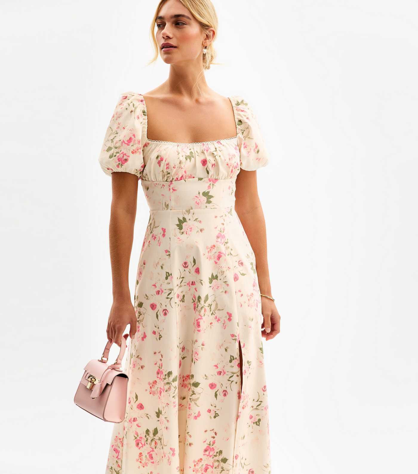 Off White Floral Print Puff Sleeve Midi Dress | New Look | New Look (UK)