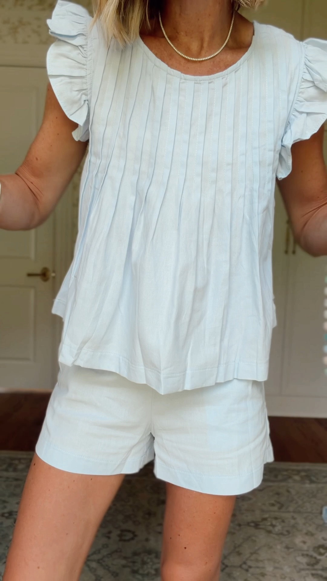 Small in blue set 
Small in tank 
Small in fringe skirt 
Xs in pink top 
2 in denim shorts