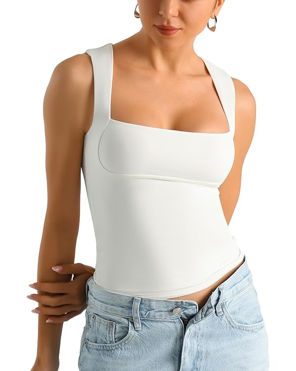 HOYAYO Women's Slim Fit Double-Layer Tank Top Square Neck Sleeveless Basic Fitted Tee Shirt | Amazon (US)