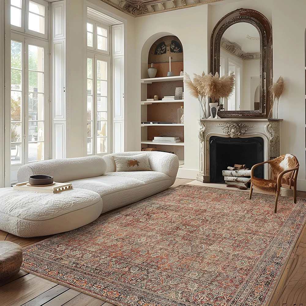 Area Rug 5x7 Machine Washable Large Boho Vintage Distressed Print Thin Chenille Bedroom Living Ro... | Amazon (US)