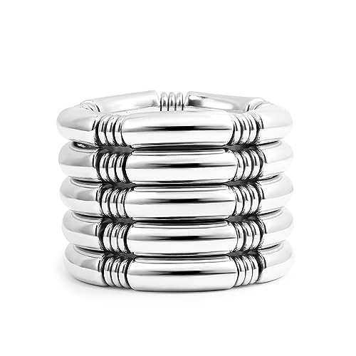 Badu 5pcs Silver Chunky Bangles Bracelets For Women Stack Layered Curved Bamboo Tube Stretch Bracelets Gift Jewelry | Amazon (US)
