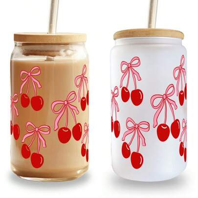 Sip Sip Hooray 16oz Coquette Bows And Cherrys Glass Can Iced Coffee Glass Cup With Lid And Straw | SHEIN