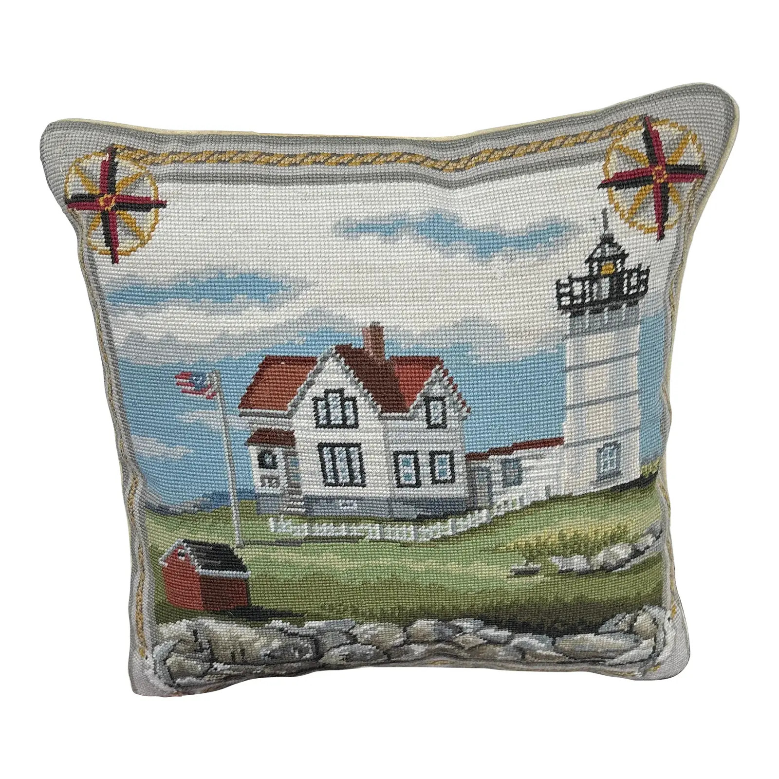 1990s Embroidered Needlepoint Pillow by Katha Diddel “Lighthouses Cape Neddick, Me” | Chairish