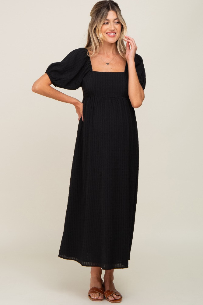 Black Textured Gingham Square Neck Maternity Maxi Dress | PinkBlush Maternity