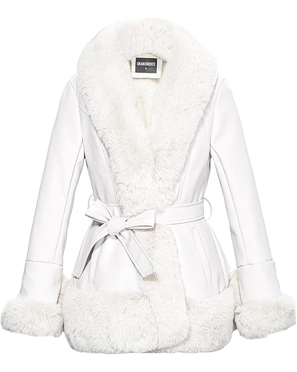 GRAN ORIENTE Women's Faux Leather Jacket with Faux Fur Collar, Winter Long Sleeve Furry Trim Pepl... | Amazon (US)