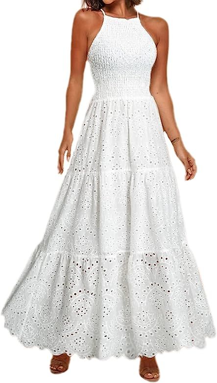 Amazon.com: BerryGo Women's Halter Embroidery Eyelet Maxi Dress Backless Elegant Long Flowy Cockt... | Amazon (US)