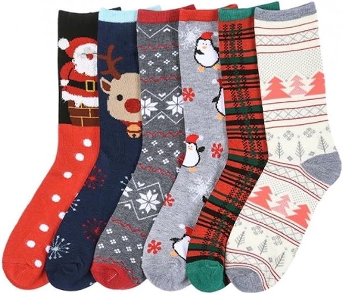 I&S 6 Pairs Crew Socks, Printed Fun Colorful Festive, Crew Knee Cozy Socks Women Fancy Christmas ... | Amazon (US)