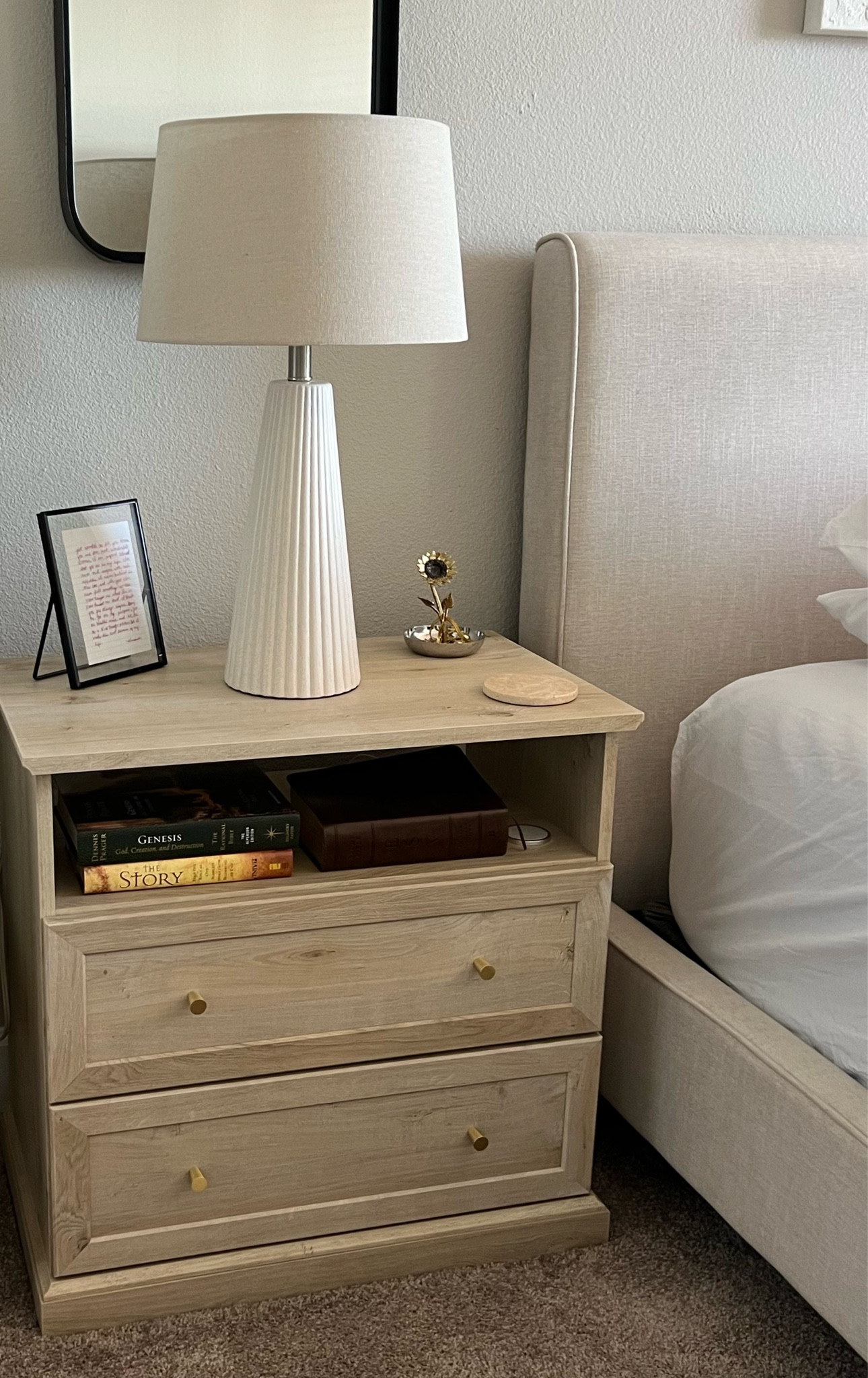 I found these nightstands for under $150 each and switched out the knobs to brass to give it a more Restoration Hardware look for less!

#LTKhome #LTKxTarget