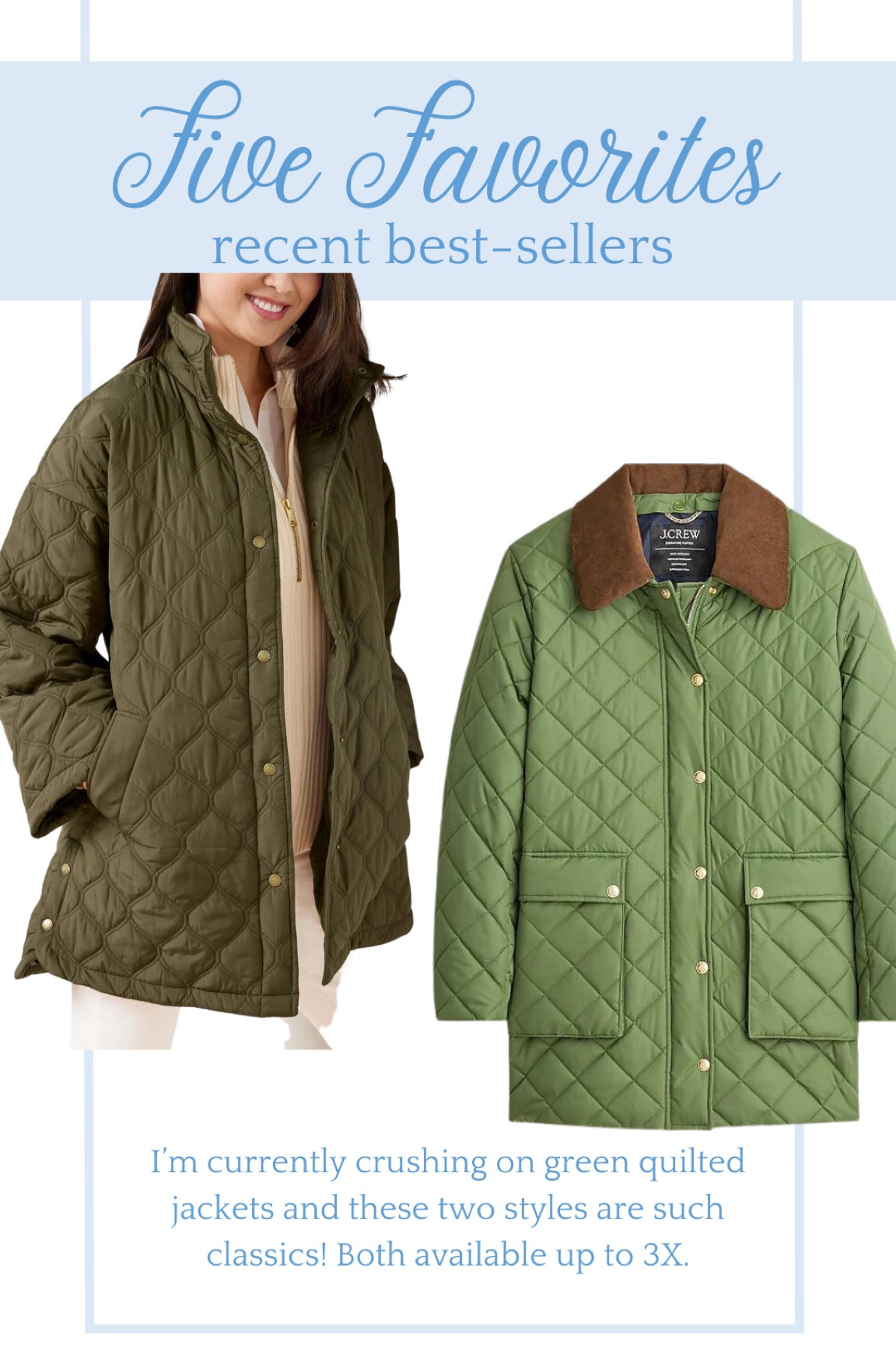 Current crush: green quilted jackets for fall. These styles are timeless and chic and available in extended sizes up to 3X. The barn coat with corduroy at the top is currently on sale! 

Jcrew style, Talbots, classic, timeless, preppy, plus size, coat, jacket, fall, winter, outerwear, women’s fashion, mom style, sale alert #sale #jacket #coat #jcrew #plussize 

#LTKplussize #LTKstyletip #LTKsalealert