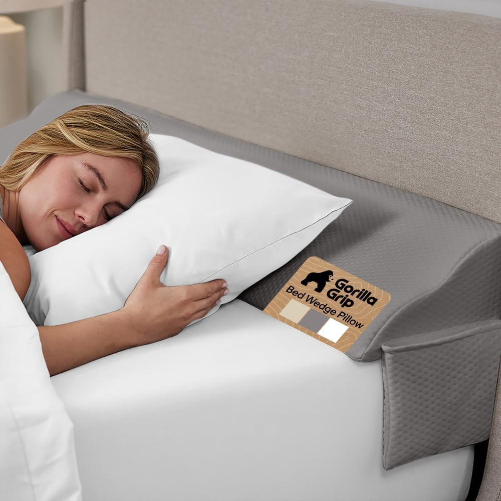 GORILLA GRIP Patented Bed Wedge Pillow for Headboard Gap, Filler Between Mattress Gaps, Comfortable Supportive High Density Cushioned Foam Pillows, Stay in Place Gripping Dots, Queen Soft Gray | Amazon (US)
