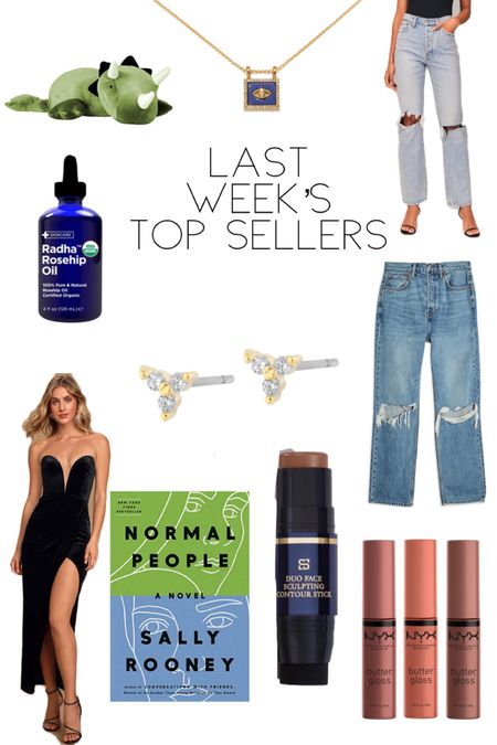 Last Week’s Top Sellers 
(3rd week of January) 
1. Weighted Dinosaur for anxiety 
2. Sequin Evil Eye Necklace - Code: KristinRose20 
3. Electric Picks Tessa Earrings - Code: WildOne20
4. NYX Butter Gloss Trio 
5. SIIA Beauty Contour Stick
6. Normal People - Sally Rooney 
7. Rosehip Oil 
8. Lulu’s My Dream Come True Velvet Strapless Dress  
9. Topshop ripped dad jeans 
10. Abercrombie Destroyed High Rise Dad Jeans 



#LTKsalealert #LTKbeauty #LTKstyletip