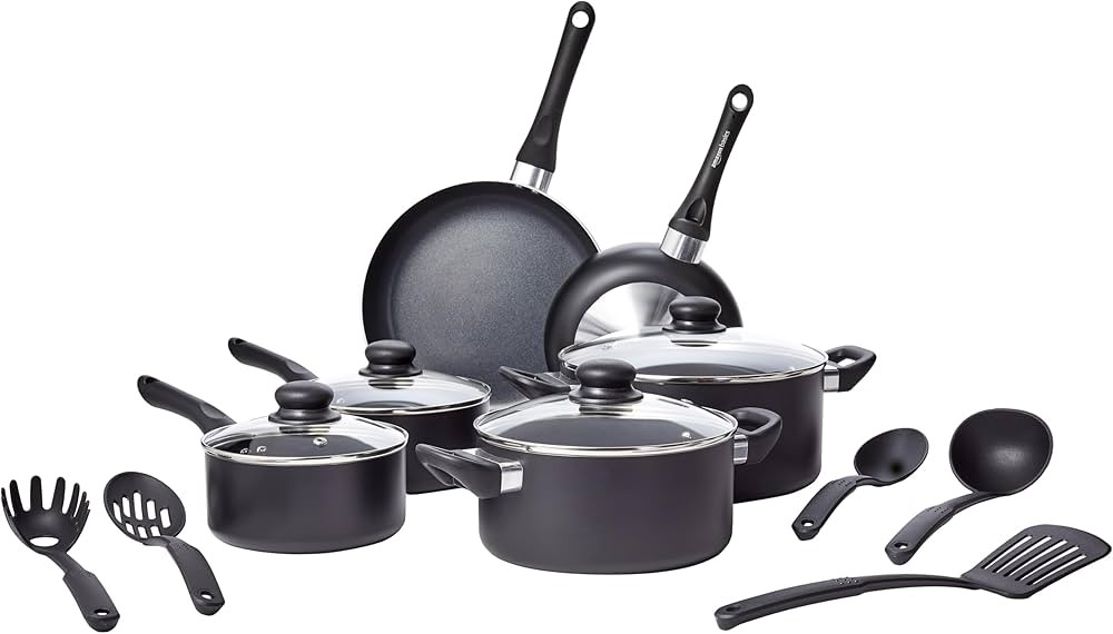 Amazon Basics Non-Stick Cookware 15-Piece Set, Pots, Pans and Utensils, Black | Amazon (US)