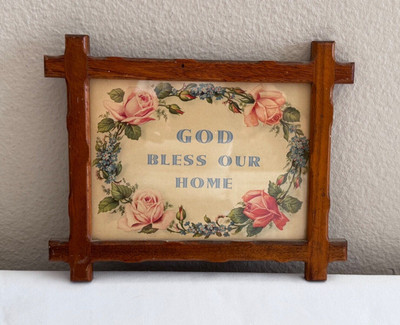 VINTAGE "GOD BLESS OUR HOME" PINK ROSE WREATH MOTTO PRINT / CARD WOOD FRAME | eBay US