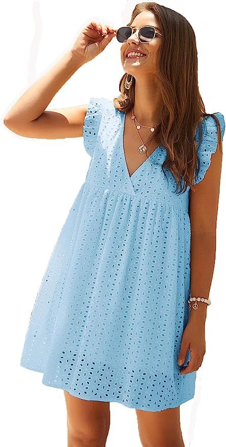 DIDK Women's Boho Ruffle Armhole Sleeveless V Neck Eyelet Embroidery Smock Dress | Amazon (US)