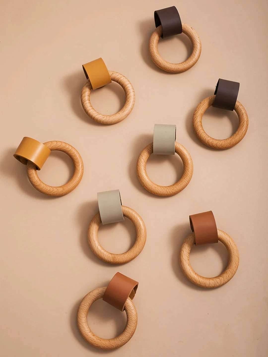 Leather and Wooden Ring Drawer Knob/retro Style Leather and Wood Drawer Handle/leather and Wood C... | Etsy (US)