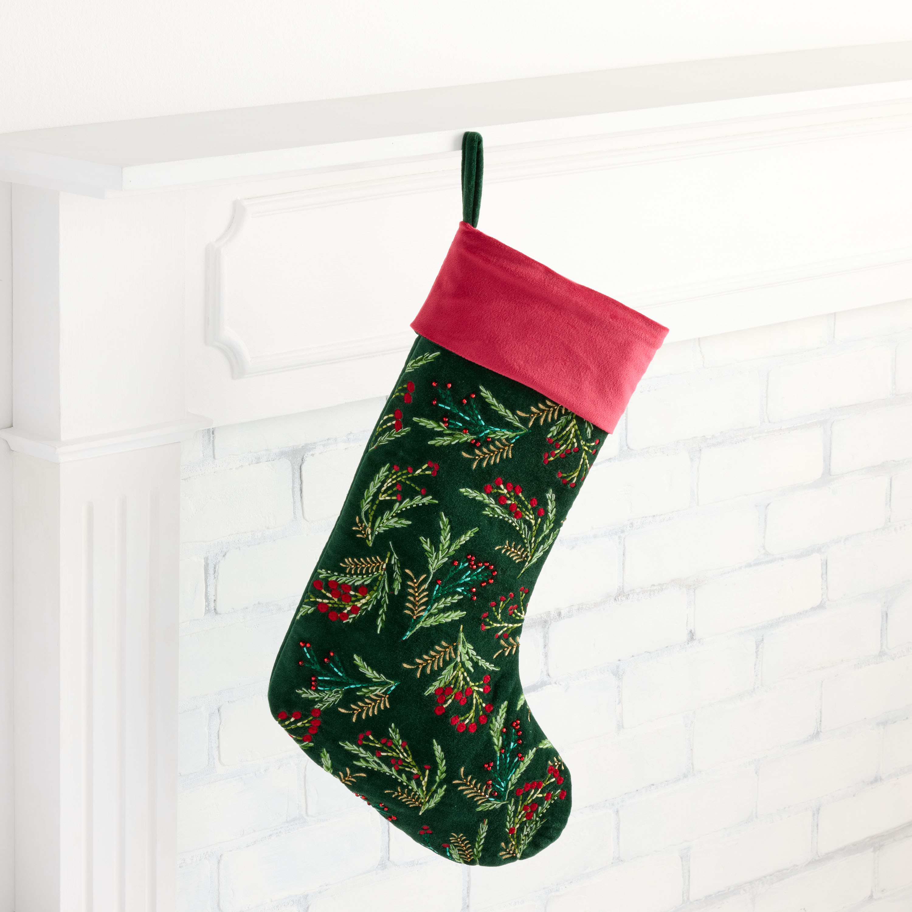 Green and Red Botanical Embroidered Beaded Christmas Stocking | World Market