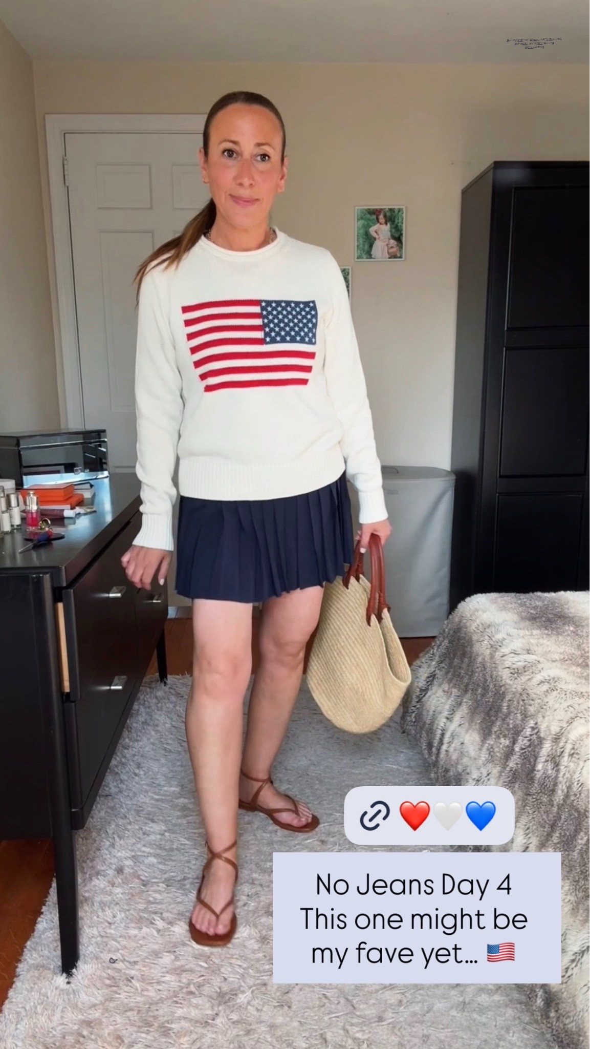 Day 4 of no jeans and this is what I’m wearing instead 🤍🇺🇸

A cute tennis skirt, the comfiest tank top, these beautiful leather sandals I’ve basically been living in lately, and this American flag sweater that I’m absolutely loving. It’s so soft and perfect for cool summer nights.

Which piece is your favorite? Comment OUTFIT and I’ll send you all the links! ✨

#NoJeansChallenge #NoJeansOutfit #SummerStyle #TennisSkirtStyle #CasualChic #EverydayOutfit #OOTD #FashionOver40 #SummerFashion

#LTKgrwm #LTKdayinmylife #LTKmorningroutine