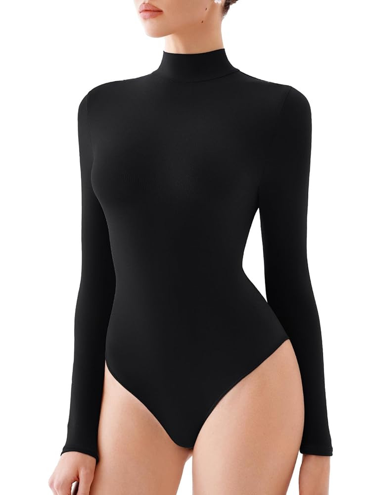 REORIA Women's Turtle Neck Long Sleeve Bodysuit Basic Slim Fit Double Lined Lightweight Layering ... | Amazon (US)