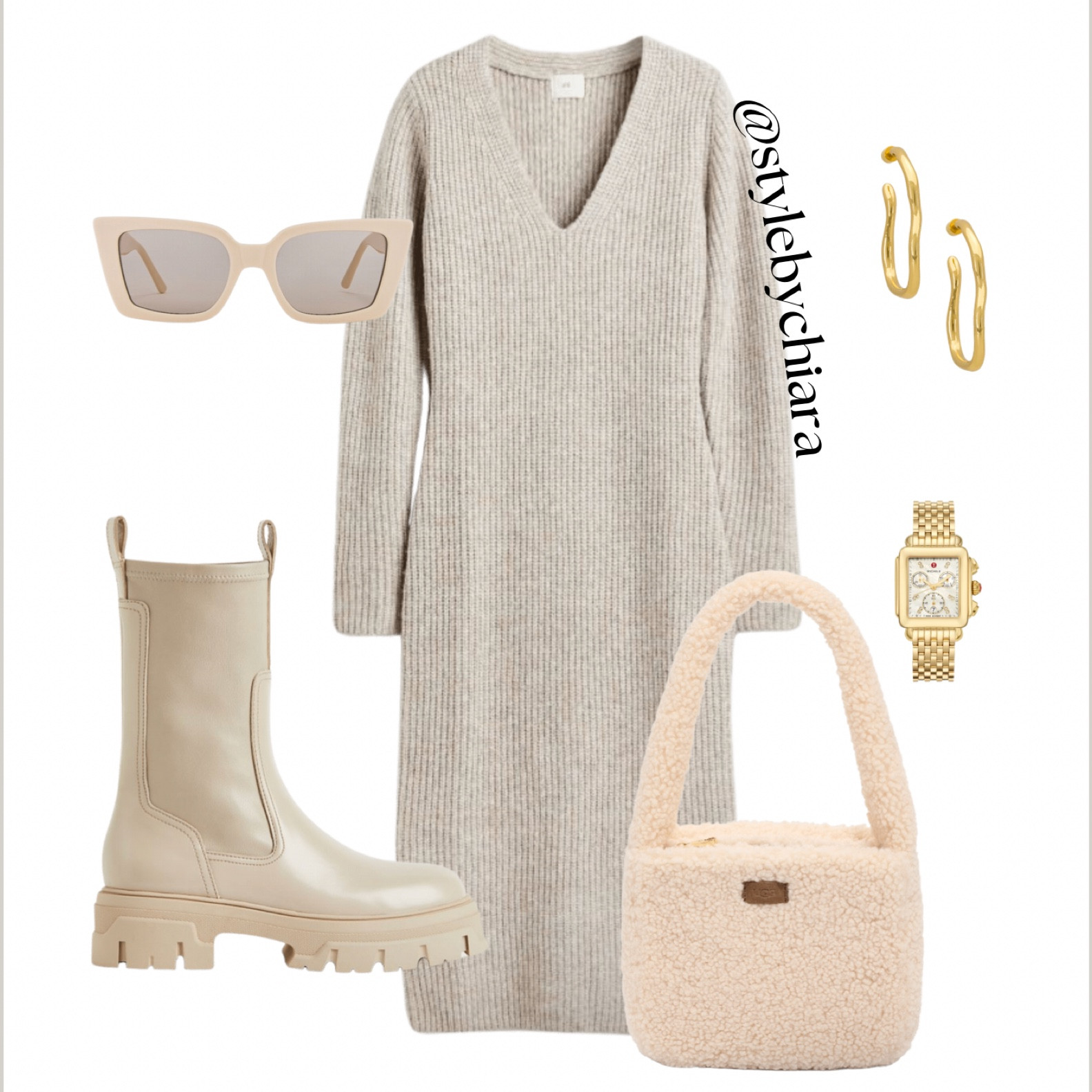 Neutral outfit, bone Chelsea boots, shearling bag, gold hoops, gold jewelry, sweater dress 

#LTKstyletip #LTKSeasonal #LTKunder100