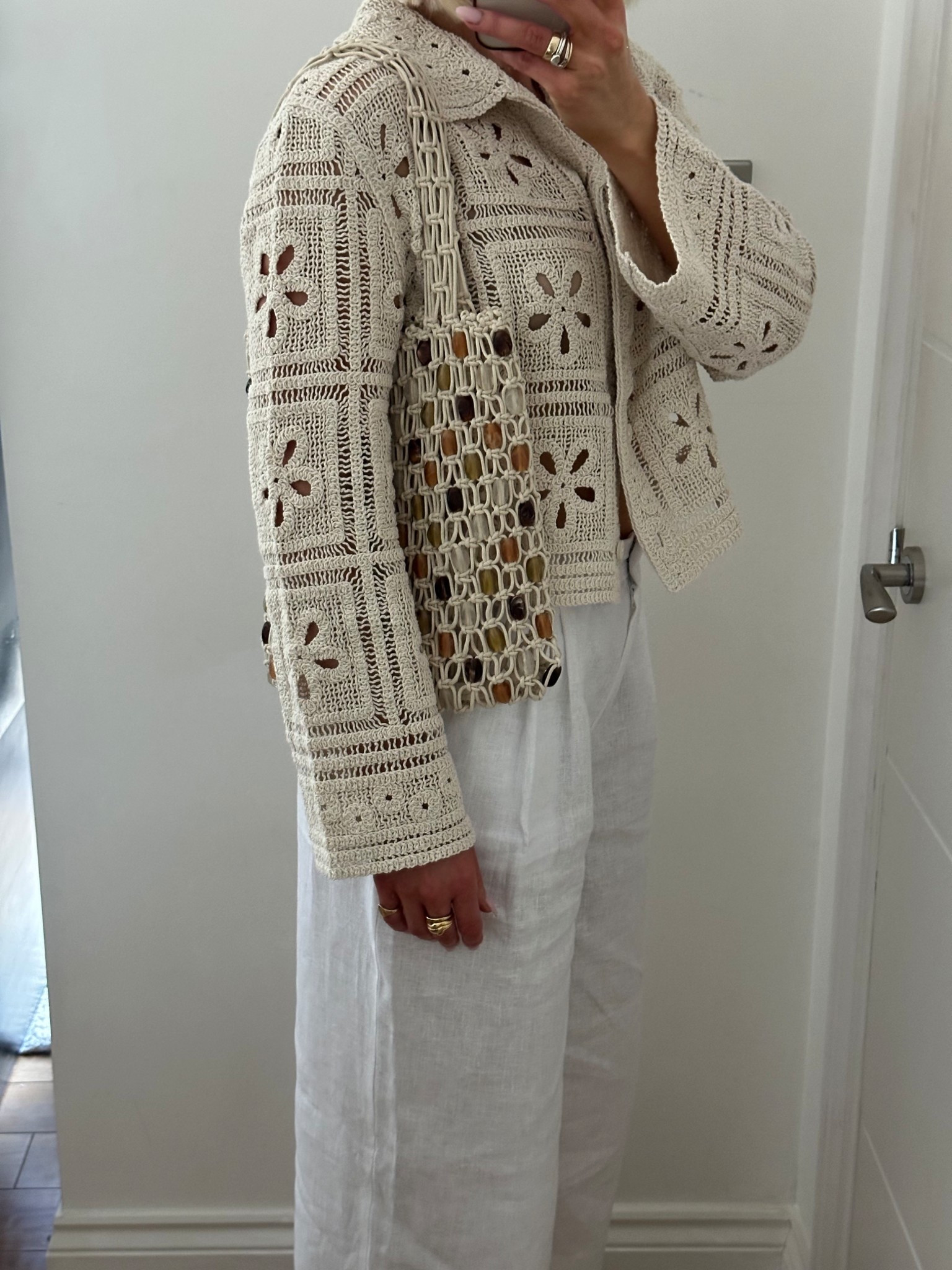 Summer outfits
Holiday outfits
White linen wide leg trousers 
Crochet top
Crochet jacket
Beaded bad 


#LTKstyletip #LTKsummer #LTKbag