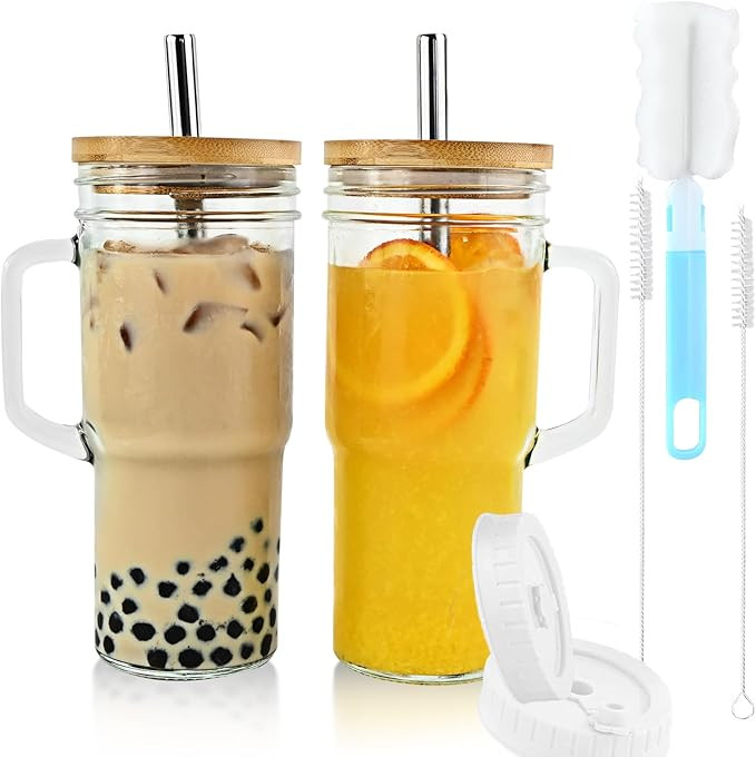 Glass Cups with Bamboo Lids and Straws,24oz Tumbler With Handle,2 Pack Mason Jar with Lid and Str... | Amazon (US)