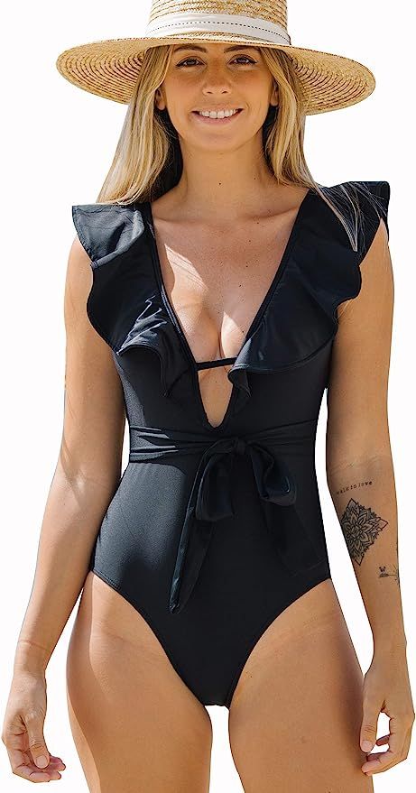 SPORLIKE Women One Piece Swimsuit V-Neck Ruffle Bathing Suit Padded Monokini | Amazon (US)