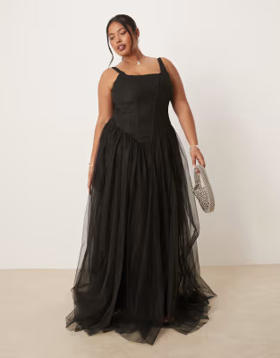 Lace & Beads Plus corset dropped hem tulle maxi dress in black | ASOS | ASOS (Global)