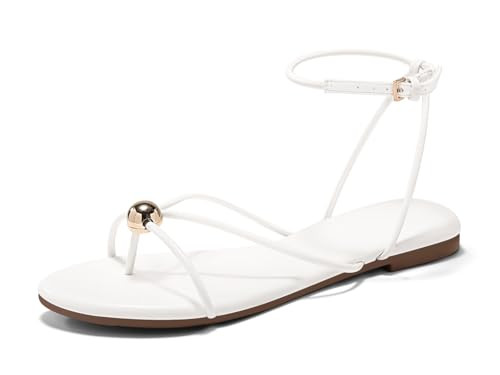 Coutgo Womens Strappy Flat Sandals Open Toe Flip Flops Sandals Ankle Strap Summer Beach Shoes, White, size 9 | Amazon (US)