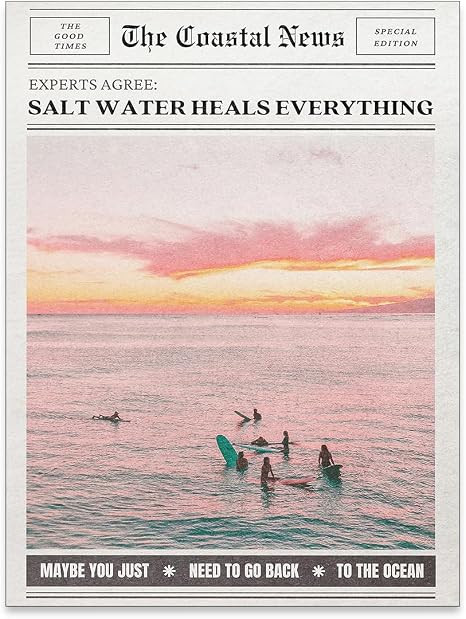 Pink Beach Newspaper Posters Vintage Fashion Coastal Girl Surf Wall Art Grainy Salt Water Heals E... | Amazon (US)