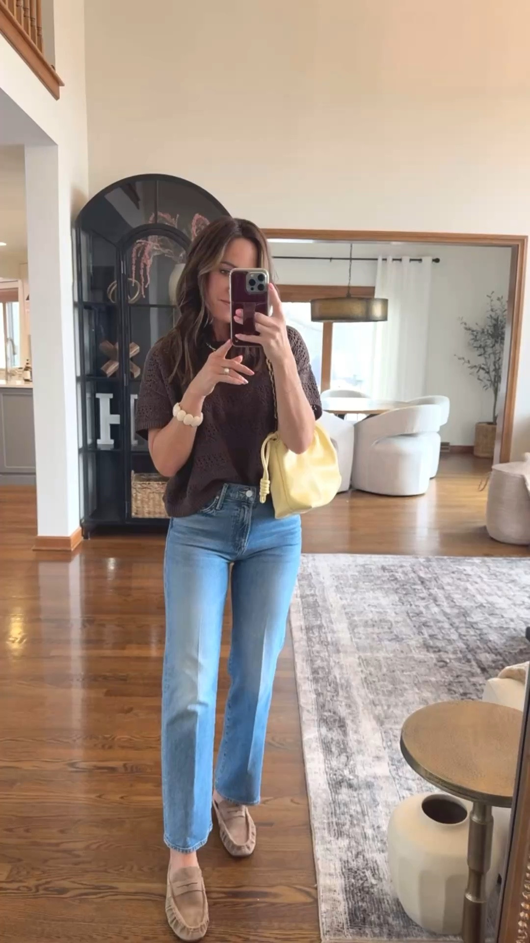 Spring styling. LOVE an open knit sweater 🫶🏻 necklaces - 15% off code: twopeasinablog 
Just wearing a nude bra underneath. 
XS 
Jeans tts, 25 regular 

#LTKmomlife #LTKgrwm #LTKSeasonal