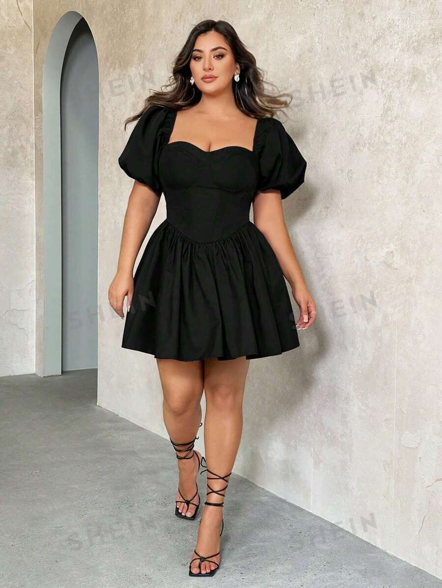 SHEIN BAE Plus Size Women's Sweet Puff Sleeve Cup Detail Black Flare Mini Dress, Summer | SHEIN