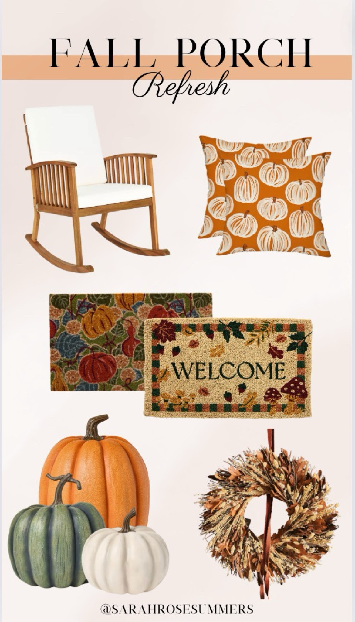 Fall porch refresh. By adding simple things to your front porch like fall outdoor pillows, a fall welcome mat, or fall wreath you can transform your porch. 

#LTKSeasonal #LTKSaleAlert #LTKHome