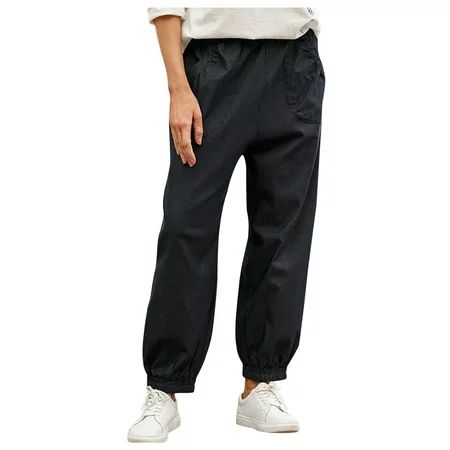 YWDJ Black Cargo Pants for Women Fashion Women Solid Casual Cotton And Linen Pocket Long Cargo Pants | Walmart (US)