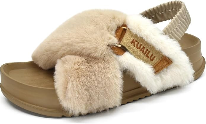 KuaiLu Womens Fuzzy Criss Cross Band Platform Slippers Arch Support Furry Faux Fur Ladies Open To... | Amazon (US)