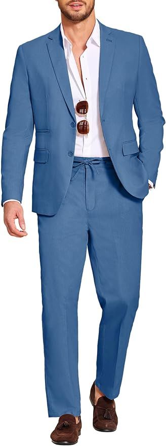 COOFANDY Men's 2 Piece Linen Suits Set Regular Fit Casual Lightweight Blazer Jacket and Pants | Amazon (US)