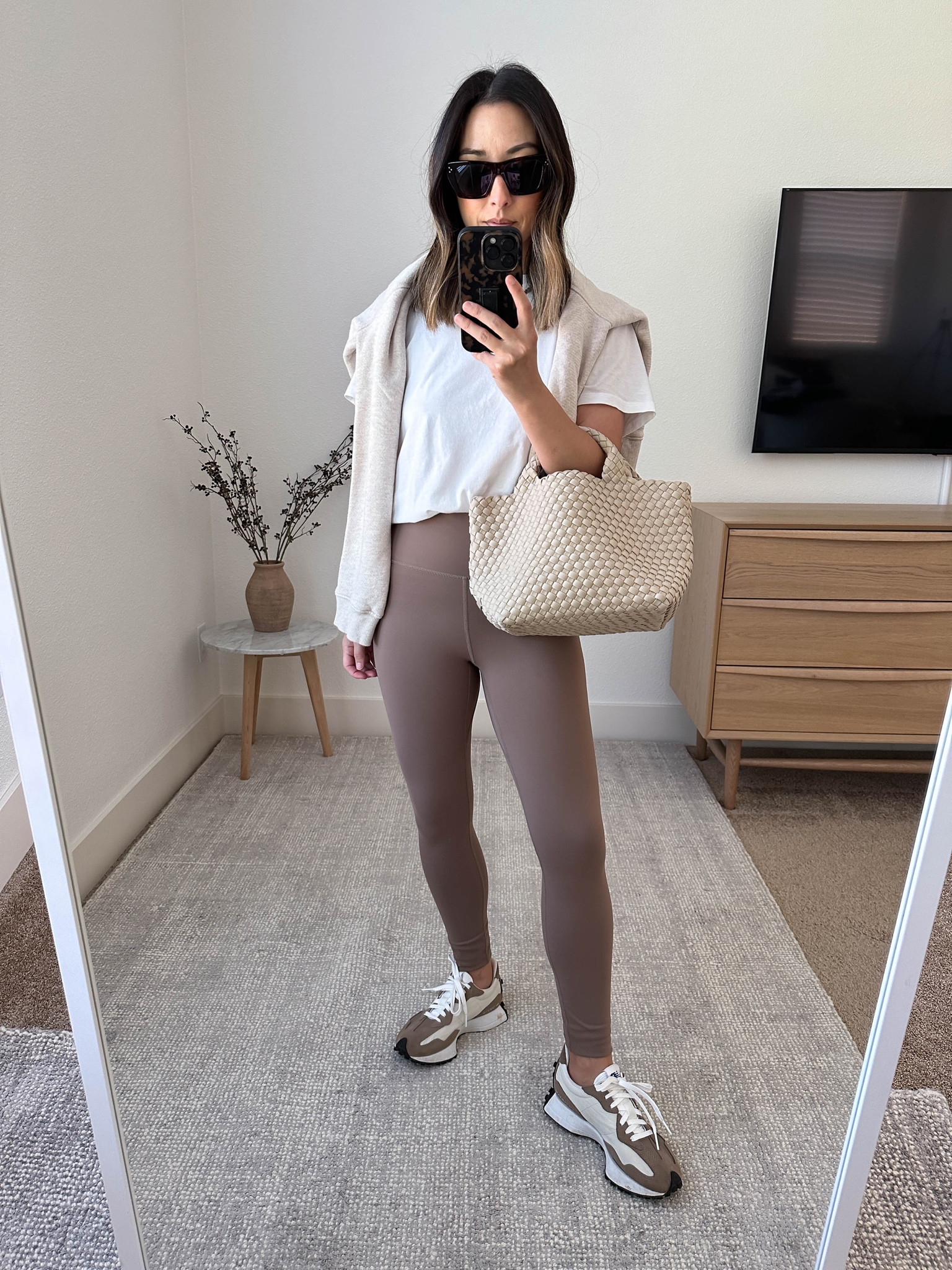 School drop-off outfit ideas. Easy drop off ideas. 

Everlane tee medium
Varley leggings xs 25”
New Balanxe sneakers 4.5 men’s 
Naghedi mini in ecru
Jenni Kayne sweatshirt medium. Could wear the small too. 
Celine sunglasses  

#LTKitbag #LTKshoecrush #LTKSeasonal