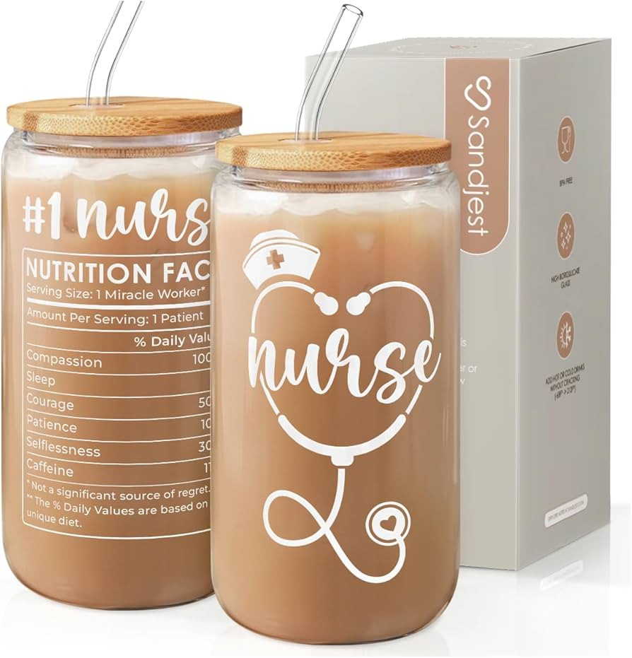 SANDJEST Nurse Glass Can, Nutrition Facts Cup with Lid & Straw, Iced Coffee Aesthetic Cups, Idea ... | Amazon (US)