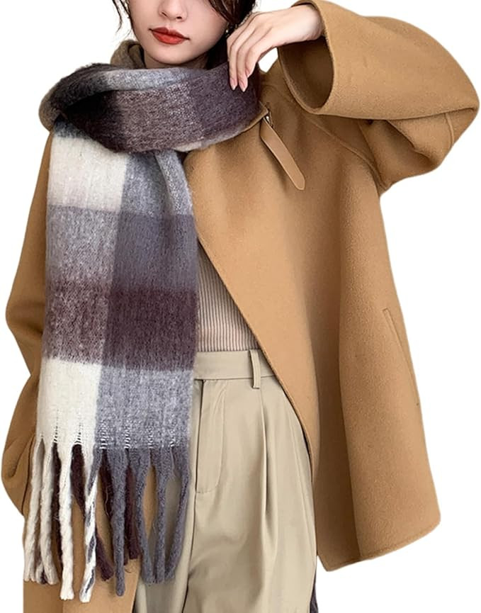 Winter Scarf Women Oversized Plaid Scarf Large Chunky Blanket Scarf Thick Warm Shawl Wraps with T... | Amazon (US)