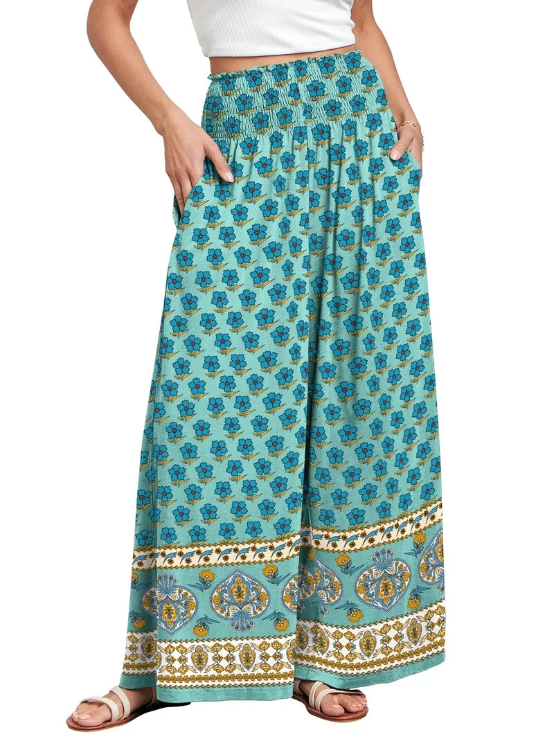 ANRABESS Womens Wide Leg Pants Summer Casual Palazzo Lounge Pants High Smocked Waist Loose Beach ... | Walmart (US)