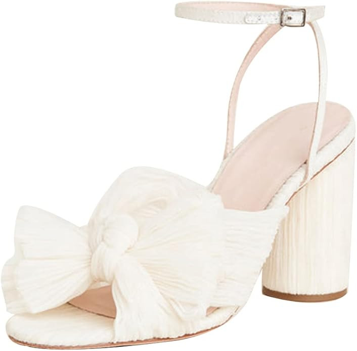 Womens Heeled Sandals Pleated Bow Knot Ankle Strap Open Toe High Block Chunky Heels Sandals Dress... | Amazon (US)