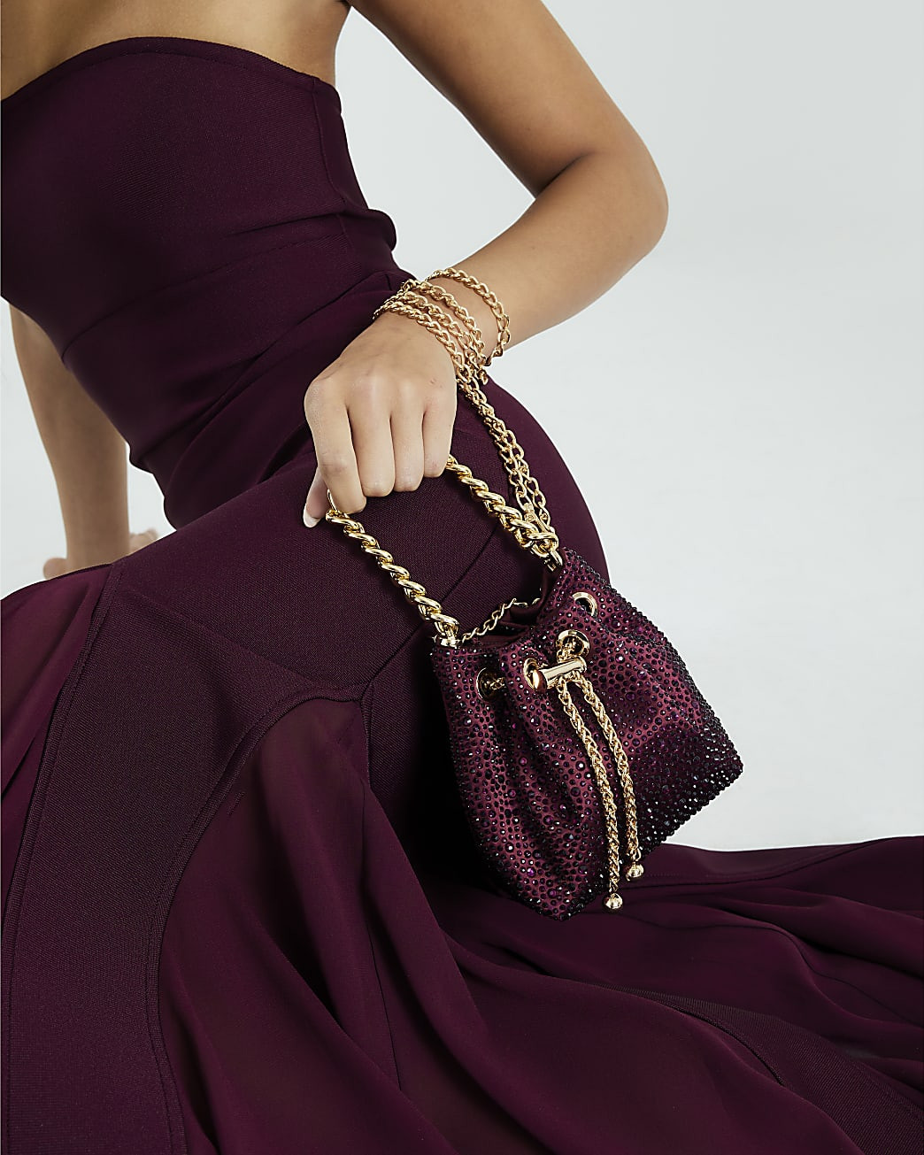 Red Diamante Drawstring Bucket Clutch Bag | River Island UK & IE