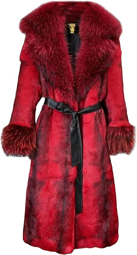 Women's Genuine Rabbit Fur Coat Long Winter Fur Jacket with Fox Fur Collar and Sleeve Cuffs | Amazon (US)