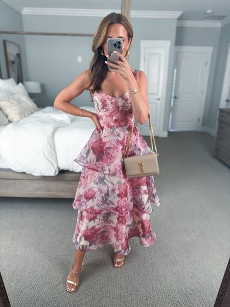 Spring wedding guest dress. Summer wedding guest dress (XS). Floral midi dress. Party dress. Date night dress. Wedding shower dress. Romantic dress. Bust runs snug - consider sizing up. YSL purse. Amazon gold heels are TTS. Pottery Barn canopy bed. 

#LTKWedding #LTKItBag #LTKParties