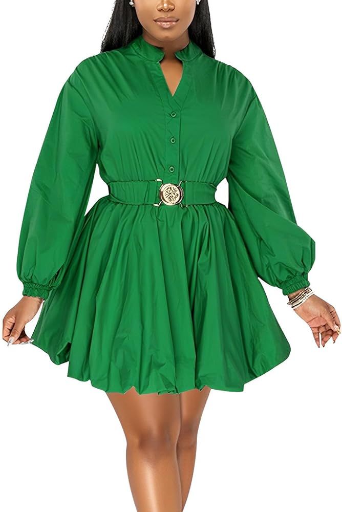 ENOPINK Womens Mini Dress Puff Sleeve Dresses 2024 Button Down Split V Neck High Waist Party Club... | Amazon (US)